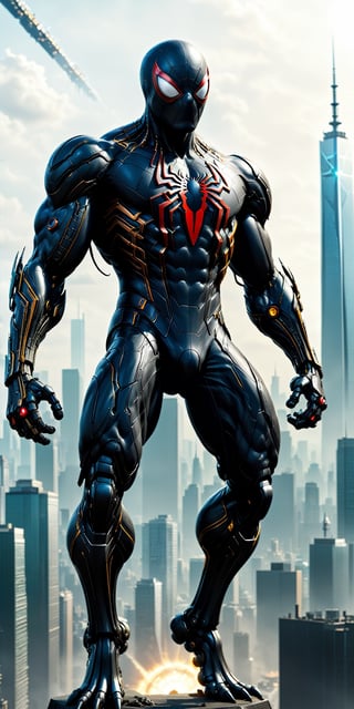 a hyper-realistic and highly detailed image of a Hi-Tech (black spider-man style) Jaeger in the style of the Pacific Rim movie franchise. This awe-inspiring Jaeger should have a radiant Hi-Tech appearance, with less emphasis on Hi-Tech tools and weapons, allowing its rough body structure to shine through. The Jaeger's glowing lights should emanate a mesmerizing aura.

Place this magnificent Hi-Tech Jaeger against a perfect city backdrop, capturing the essence of a colossal technological guardian standing tall against the urban skyline. The result should be a breathtaking image that immerses viewers in the world of giant robots and epic battles.",Movie Still