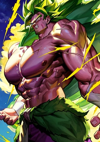 broly, legendary super saiyan, green hair, spiky hair, white eyes, muscular, tall, face scar, left arm scar, bicep scar, green fur pelt draped around the waist, black bracelets, tight purple pants
