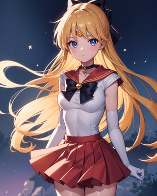 sailorvenus, sailor venus, blonde hair, blue eyes, bow, hair bow, half updo, long hair, black bow, tiara,
BREAK back bow, choker, elbow gloves, gloves, jewelry, magical girl, black choker, black sailor collar, black skirt, sailor collar, black sailor senshi uniform, black school uniform, serafuku, skirt, white gloves,
BREAK outdoors, night, sky, star \(sky\), moon,
BREAK looking at viewer, (cowboy shot:1.5),
(masterpiece:1.2), best quality, high resolution, unity 8k wallpaper, (illustration:0.8), (beautiful detailed eyes:1.6), extremely detailed face, perfect lighting, extremely detailed CG, (perfect hands, perfect anatomy),