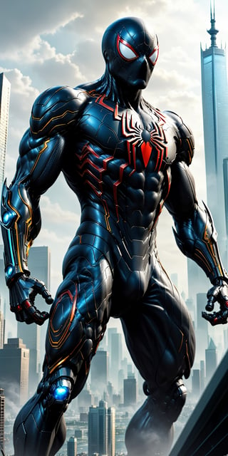 a hyper-realistic and highly detailed image of a Hi-Tech (black spider-man style) Jaeger in the style of the Pacific Rim movie franchise. This awe-inspiring Jaeger should have a radiant Hi-Tech appearance, with less emphasis on Hi-Tech tools and weapons, allowing its rough body structure to shine through. The Jaeger's glowing lights should emanate a mesmerizing aura.

Place this magnificent Hi-Tech Jaeger against a perfect city backdrop, capturing the essence of a colossal technological guardian standing tall against the urban skyline. The result should be a breathtaking image that immerses viewers in the world of giant robots and epic battles.",Movie Still