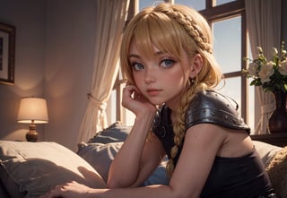 lora:Astrid_Character:0.8, AstridWaifu, (long hair, blonde, blue eyes, braid:1.2), (armor:1),
1girl, 22yo, (Ginger hair bangs bob braid:1.1),(hazel eyes:1), earring, look at viewer, close up, tilt head sideway, (mascara, eyeliner, Natural makeup look, Wide-set eyes:0.6), peach skin color, skin pores,
(Top quality, masterpiece,best quality, 8k wallpaper, hyper-realistic, ultra details:1.3), Detailed face and eyes, (bright colors), (perfect lighting, cinematic light, bloom:1.1),(light on face:1.33), sunlight in the window, (sharp focus, depth of field, bokeh:1.2),(dynamic angle:1.6),
Bed Couch, Sheepskin Rug, (beautiful +detailed+intricate scenery:1), golden hour, silhouetted shadow, evening light, soft focus, flower vase,
lora:GoodHands-vanilla:0.9, nice hands, perfect hands, lora:BetterFeet:0.8, BetterFeet, (fcDetailPortrait:0.6),