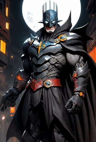 1boy,armor, crown, black cape, in dynamic pose,dynamic angle, shoulder armor, upper armor, helmet, headgear, mechanical jawcityscape, strong rim light, absurdres, 1boy, (at night:1.4), dark alley, moon, BREAK grey (android (batmanwholaughs:0.8)) in (matte black hardsuit:1.2), military, roughed up, mechanical arms, city fog, (glowing white eyes)  lora:nijiarmor_v2:0.9, lora:BatmanWhoLaughs:0.5