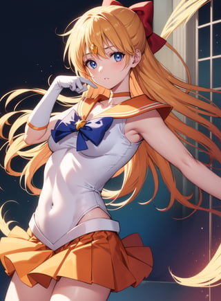 sailorvenus, ,sailor venus, blonde hair, blue eyes, bow, hair bow, half updo, long hair, red bow, tiara,
BREAK back bow, choker, elbow gloves, gloves, jewelry, magical girl, orange choker, orange sailor collar, orange skirt, sailor collar, sailor senshi uniform, school uniform, serafuku, skirt, white gloves,
BREAK outdoors, night, sky, star \(sky\), moon,
BREAK looking at viewer, (cowboy shot:1.5),
BREAK, (masterpiece:1.2), best quality, high resolution, unity 8k wallpaper, (illustration:0.8), (beautiful detailed eyes:1.6), extremely detailed face, perfect lighting, extremely detailed CG, (perfect hands, perfect anatomy),
