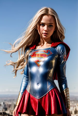 Closeup fullbody portrait of (teeny) Supergirl, blonde long hair flying in the skyes, intricate background, atmospheric scene, masterpiece, best quality, (detailed beautiful face, detail skin texture, ultra-detailed body:1.1), fantasy, feminine+, shiny wet skin, looking at viewer, modelshoot style, (extremely detailed CG), photo of beautiful artwork, High Detail, Sharp focus, dramatic+, (photorealistic), Intricate, handsome, (((film grain)))