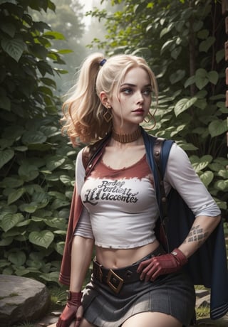 lora:harley:1,  h4rl3y, 1girl, blonde hair, blue eyes,makeup,skirt, lipstick,pantyhose,Make a top-notch, best quality masterpiece, Superwoman, Tall, in shape, Oval Face, Dark Skin, Platinum Blonde Hair, jade Eyes, Straight Nose, Thin Lips, Round Chin, Long Hair, Curly Hair, Stacked Bob, natural breasts, Dangle earrings, rust stain lipstick, Ink Drawing, dramatic, crawling, Expanding, Graffiti ,portrait, looking down, solo, upper body, detailed background, detailed face, (lora:StonepunkAI:0.6, stonepunkAI, stone theme:1.1) scout,  kneeling on one knee, medieval fantasy setting, high fantasy, green  leather clothes, cape, gloves,  pouch,  belt, enchanted forest, bushes, vines,  rocks,   evergreen trees, roots,     (butterflies:0.9), feathers, wildlife, arrows in quiver,  rain, mist,
,pikkyharleyquinn