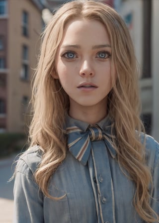 (looking at viewer),(cowboy shot dynamic sexy pose:1.22), M3GEN/(Robot Girl/), 1girl, solo, long hair, blonde hair, slim:1.1, realistic, blurry, grey eyes, bow, photo inset, upper body, bowtie, parted lips, ribbon, lips, detailed shiny skin,perfect and very white teeth,
finely detailed beautiful eyes,Ultra-fine facial detail,eyelashes,Glossy pink lips, (detailed city streets background:1.4), outdoors, (day:1.33), depth of field,intricate,elegant,highly detailed,digital photography,masterpiece,hdr,
