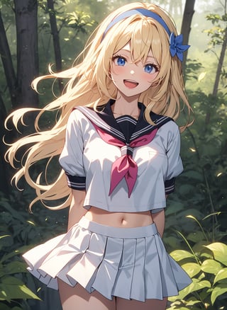 1girl,smile,honkai impact 3rd,hoyun,white serafuku,white shirt,stomach,elysia (honkai impact),skirt,white skirt,detailed forest background,purple neckerchief,arms behind back,highres,midriff,1girl, d,cowboy shot,looking at viewer,honkai (series),solo,white hairband,neckerchief,puffy sleeves,shirt,deep forest background,miniskirt,short sleeves,crop top,puffy short sleeves,pleated skirt,navel,commentary request,long hair,very long hair,hairband,school uniform,serafuku,standing,open mouth,blue eyes, blonde hair,