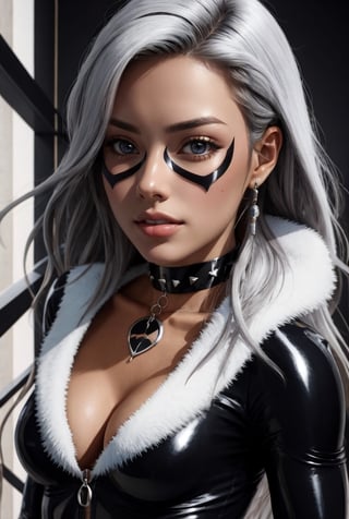 masterpiece, best quality,upper body, solo, absurdres,scenery,  lora:CARTOON_felicia_blackcat_aiwaifu-10:0.8, felicia_blackcat_aiwaifu,long hair,mask,white hair,bodysuit,domino mask,gloves,choker,lipstick,blue eyes,makeup,white gloves,collar,lips,superhero,black bodysuit,fur trim,cleavage,large breasts,collarbone,skin tight,zipper,spiked collar,unzipped,red lips,jewelry,black choker,claws,latex,shiny,center opening,very long hair,            ultra specular detailed, amazing artwork,intricate details,light,attractive, intricate detailed blurry_background,(well defined perfect hands, high detailed skin,detailed face:0.3), (scenery, golden_ratio,highres, incredibly_absurdres:0.2),(scenery,sidelighting,masterpiece:0.5),
