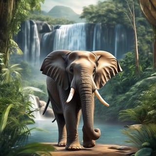 Cute realistic elephant walking in the jungle with waterfall nearby