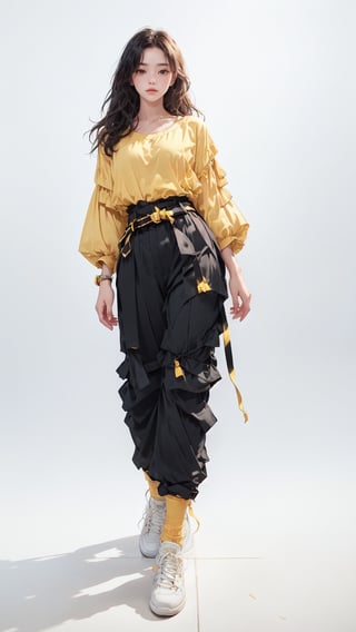 (masterpiece, realistic paper art), 1girl, solo, black long hair, (((yellow shirt))), (((black long layered Heram pants))), (((red waist obi belt))), yellow socks, yellow sneakers, Confidence and pride,1 girl ,beauty,Young beauty spirit, realistic, ultra detailed, photo shoot,(brilliant composition),white_background