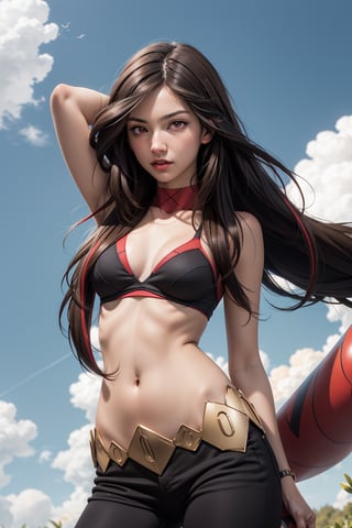 "Generate an realistic image of lucy from the popular anime series 'Pokemon', lucy stands with Savage, her brown hair flowing, and his bright red eyes winked. The scene is set against a backdrop of a lush sky, navel,lucy (pokemon)