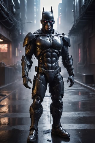 A hyper-realistic, detailed, and cinematic rendering of Terminator Batman from DC Comics. He is wearing his battle-damaged Batsuit, which has exposed cybernetic enhancements, glowing circuitry, a shredded cape and cowl with integrated HUD display, tattered armor plating with hydraulic pistons and servos, and a scuffed and cracked helmet with integrated targeting system. He is standing in a rain-soaked alleyway, surrounded by defeated enemies, with smoke and neon lights reflecting off his armor. The background is a futuristic cityscape, symbolizing the dystopian world he inhabits. Batman's menacing aura is radiating around him. The lighting is dramatic and cinematic, with strong shadows and highlights that accentuate the details of his costume and cybernetic enhancements. The render is ultra-realistic and of high quality, with sharp details and textures, photorealistic skin and hair, and a cinematic atmosphere.

