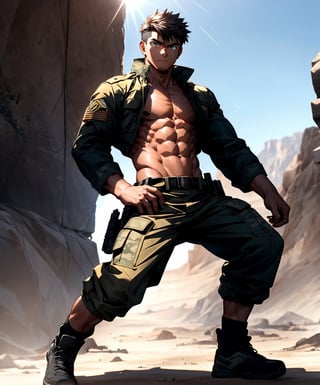 Under the scorching sun, a young male special forces soldier stands with a serious and focused expression. His rugged and determined demeanor is enhanced by his uniform jacket, which is left unbuttoned, revealing his chiseled abs underneath. Contrasting against the darkness of his military boots, he wears pure white calf socks, a subtle yet striking detail. The sunlight casts a golden glow on the soldier, emphasizing his strength and resilience. The environment around him is sparse and rugged, with barren terrain and hints of camouflage netting. The harsh lighting adds to the intensity and urgency of the scene. The soldier's face reflects a sense of purpose and determination, his eyes scanning the surroundings for any signs of danger. His presence exudes confidence and readiness for action.
.Bright backgorund, solo, alone, two arms, two hands, normal hands and arms, two legs, normal anatomy, best body anatomy, normal, 8k poster, best quality, best composition,midjourney, better hands and fingers, seperated fingers, better feet,seperated feet, full body,naked body,  abs exposed, emotionless, full image, full background,white socks, calf socks, shoes off, pure white socks, calf socks,1male, two arms, ,better face, better background, shoes off