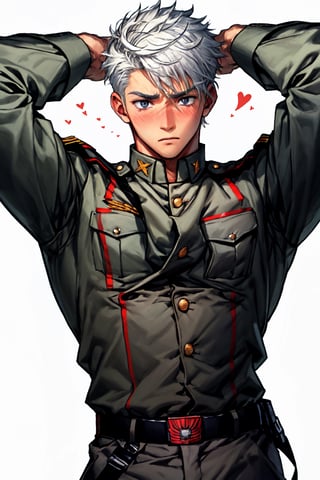 8 packs, male, boy, soldier uniform,soldier,blushing,freaked out, panicking, flurried, normal hands, normal arms, two arms, two hands, solo, alone,VPL, different poses, ,hands on side,normal fingers,white hair,perfecteyes