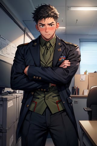 8 packs, male, boy, military uniform,blushing,freaked out, panicking, flurried, normal hands, normal arms, two arms, two hands, in an office, pretend he is working, solo, alone,VPL, different poses, open suit,hands on side