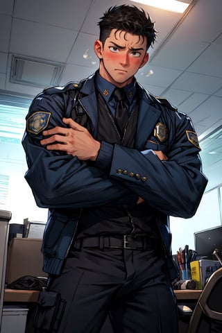 8 packs, male, boy, police uniform,blushing,freaked out, panicking, flurried, normal hands, normal arms, two arms, two hands, in an office, pretend he is working, solo, alone,VPL, different poses, open suit,hands on side