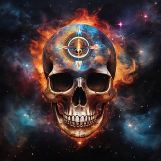 A confrontational NirvanaNuke logo, a skull with the third eye open, engulfed in divine fire, background is a cosmic night sky with nebulae, radiates a vibe of mystical severity, Artwork, mixed media incorporating textured layers