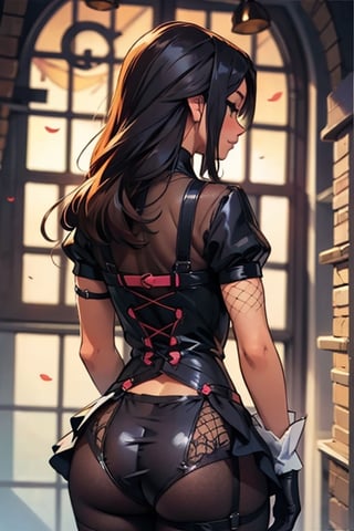 Feminine anime gothic pajama girl, tight clothing, fishnet gloves and stockings, harness straps, big hips, hourglass body, feminine position, seen from behind angle, ultra realistic manga style, fanart poster,