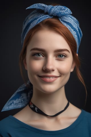 Dark Red head 25 year old girl ((Anna Goldroe)) fullheight portrait. | She happy and has kind smile. | She has spekles, (black brows:1.5), black eyelash, Brown eyes, bobcut hairstyle, loose hair. | She wearing (blue bandana: 1.8) on the forehead. | Dark studio background. High quality professional photo. Detailed. Sharpness. 8K, UHD