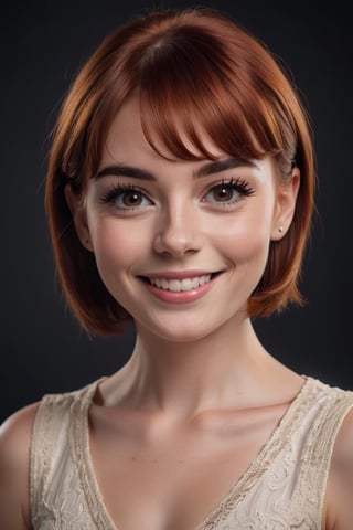 Dark Red head 30 year old girl Anna Goldroe portrait. | She happy and smile. | She has spekles, (black brows:1.5), black eyelash, bobcut hairstyle. Dark studio background. High quality professional photo. Detailed. Sharpness. 8K, UHD