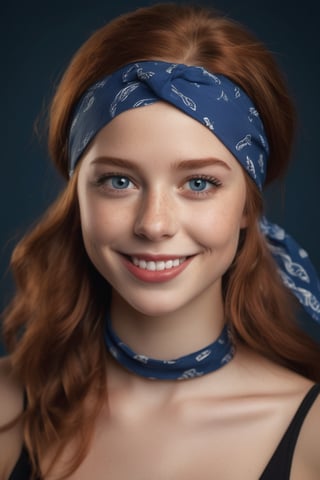 Dark Red head 25 year old girl ((Anna Goldroe)) portrait. | She happy and has kind smile. | She has spekles, (black brows:1.5), black eyelash, Brown eyes, bobcut hairstyle, loose hair. | She wearing (blue bandana: 1.8) on forehead. | Dark studio background. High quality professional photo. Detailed. Sharpness. 8K, UHD