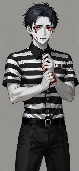 Handsome male, 1boy, Solo, nanjiang, (Male zombie), blood-red eyes, prison profile picture, prison number, prison clothes

, random hand position:1.4 , simple background, bright  background, perfect hands and fingers, High detailed , Detailed face, Expressiveh, concept art, art, 