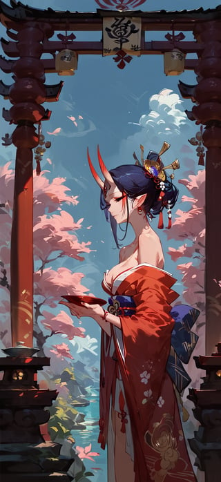 score_9, score_8_up, score_7_up, score_6_up, solo, 1 oni, japanese dress, shrine background,  concept art, Expressiveh,Bartolomeobari