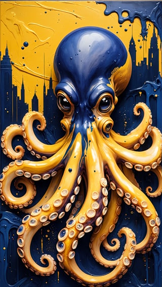 (abstract art by Vergvoktre:1.2) , vibrant art, (Octopus:1.2) with deep yellow details, city, Proud, elegant, Post-Apocalyptic, Alabaster and deep indigo flakes
