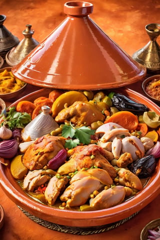 a tagine filled with lots of different types of food, inspired by Alberto Morrocco, chicken, photoshopped, marrakech, food network, veggies, light orange values, gordon ramsay, air particles, tastes,Tagine