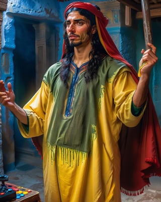 Shameful, Luminous trails, Embossing, Oversaturated, Romantic, Velvia, Warm lighting, Emotional Loving tall Mexican (Isis:1.2) , he is Playing video games, Contrapposto, his hair is Large, Cobalt Blue, Bright Red and Canary Yellow highlights, dripping deep green, Hopeful, Suffering, argazxl, traditional dress.