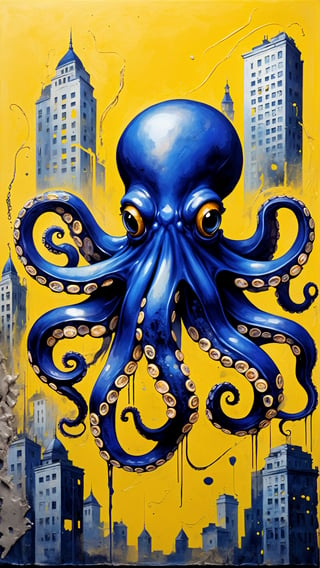 (abstract art by Vergvoktre:1.2) , vibrant art, (Octopus:1.2) with deep yellow details, city, Proud, elegant, Post-Apocalyptic, Alabaster and deep indigo flakes
