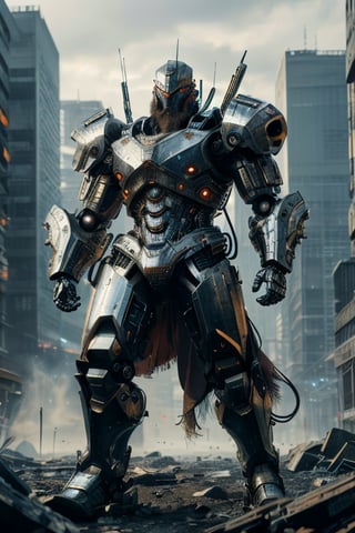 Best quality, High quality, high Resolution, 4k Resolution, masterpiece, 1 robot man, vikings style beard, super Hero with high tech metallic armor, cyberpunk armor, realistic, photography, full body short