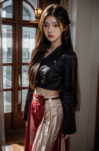 (glamour1.3) photo of a beautiful (teenage) woman with visible collarbone,  , Aesthetic,  dramatic lighting, cinematic shot, 50mm lens, rule_of_thirds, Fujicolor_Pro_Film,asian girlm, windlift, black_skirt, dress, standing, red hakama, red long skirt, long skirt,Hair