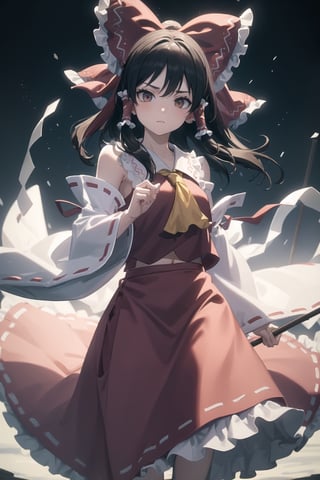 (Best Quality, 8K, ultra-detailed, Masterpiece: 1.3), brown hair, hair bow,hair tubes, tabard,long dress,hakurei reimu, high colors 