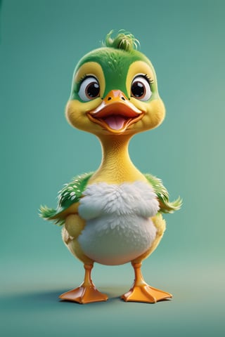 Duck walking, both arms up to the shoulder level,cheerful, 3d, C4D, mixer, Octane rendering, (full Croma green background), Masterpieces in pastel colors, Soft material, Best Quality, super detaill, High Quality, 4k, (3d, cute, chibi style), ((perfect high detailed image)), full Croma green background, no ingredients in background only Croma green colour