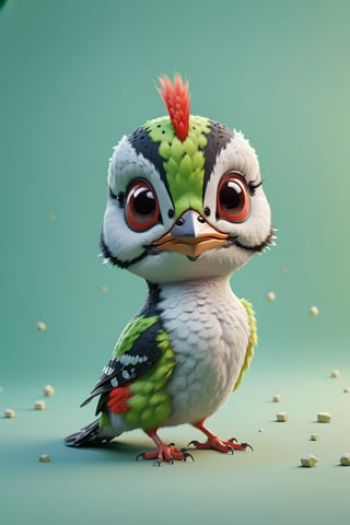 Woodpecker walking, both arms up to the shoulder level,cheerful, 3d, C4D, mixer, Octane rendering, (full Croma green background), Masterpieces in pastel colors, Soft material, Best Quality, super detaill, High Quality, 4k, (3d, cute, chibi style), ((perfect high detailed image)), full Croma green background, no ingredients in background only Croma green colour