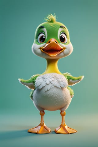 Duck walking, both arms up to the shoulder level,cheerful, 3d, C4D, mixer, Octane rendering, (full Croma green background), Masterpieces in pastel colors, Soft material, Best Quality, super detaill, High Quality, 4k, (3d, cute, chibi style), ((perfect high detailed image)), full Croma green background, no ingredients in background only Croma green colour