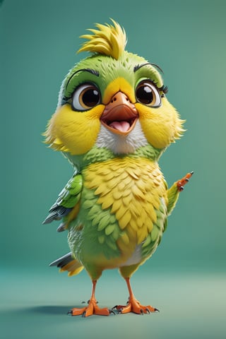 Canary walking, both arms up to the shoulder level,cheerful, 3d, C4D, mixer, Octane rendering, (full Croma green background), Masterpieces in pastel colors, Soft material, Best Quality, super detaill, High Quality, 4k, (3d, cute, chibi style), ((perfect high detailed image)), full Croma green background, no ingredients in background only Croma green colour