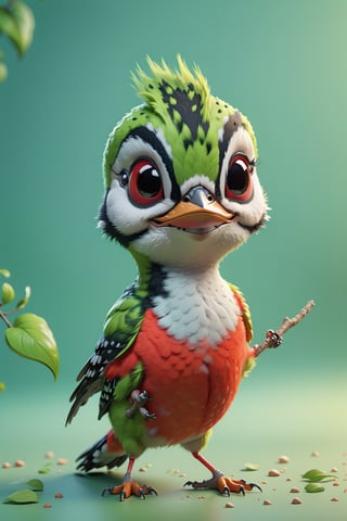 Woodpecker walking, both arms up to the shoulder level,cheerful, 3d, C4D, mixer, Octane rendering, (full Croma green background), Masterpieces in pastel colors, Soft material, Best Quality, super detaill, High Quality, 4k, (3d, cute, chibi style), ((perfect high detailed image)), full Croma green background, no ingredients in background only Croma green colour