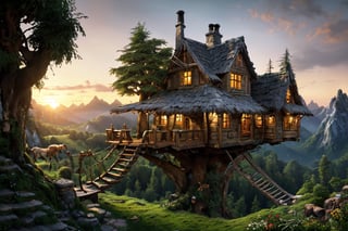 (valley, fairytale treehouse village covered, , matte painting, highly detailed, dynamic lighting, cinematic, realism, realistic, photo real, sunset, detailed, high contrast, denoised, centered, michael whelan), Detailed Textures, high quality, high resolution, high Accuracy, realism, color correction, Proper lighting settings, harmonious composition, Behance works