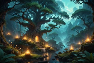 Stunning visual masterpiece, ultra detailed illustration painting of a bedazzling wild enviroment, concept art, subtle colors, fantastical realm, extremely detailed, ethereal, magical glow, ultra sharp focus, ethereal glowy smoke, light particles, attention to detail, grandeur and awe, cinematic, double exposure, long exposure, gardan for kids, 8k, photorealistic, strong outlines, dimly lit dark fantasy realm enviroment, rule of thirds depth of field intricate details, cinematographic scene,