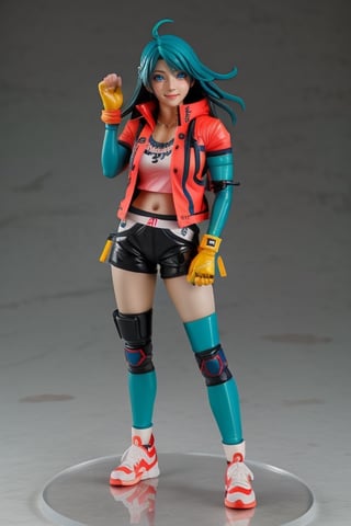 (best quality:1.15), (masterpiece:1.15), (detailed:1.15), ((Full Body photo)), A pop up parade figure, action figure, Hot Toys, Hasbro, Takara Tomy, and Kotobukiya! by Shunya Yamashita, Seki Yudai, PVC, 3d, 8k, high resolution, Unreal Engine, TSUBAME sculptor, anime figure, full body 1 / 6 nihei tsutomu, ( highly detailed figure ), full body close-up shot, anime figurine, official product photo, glowing blue eyes, perfecteyes , ((a woman wearing a pink clingy outfit and a bright red jacket with green details, knee pads, elbow pads, stylized fighting gloves, red sneakers)), colored, candypunk character design, candypunk, streets of rage character, street fighter, very stylized character design, Ultra sharp resolution, gorgeous, beautiful detailed eyes, expressive eyes, cute, fighter girl, concept art, intricate details, highly detailed, photorealistic, octane render, 8 k, unreal engine. ((glowing eyes)) makeup, (very long flowing blue hair), ((full body photo)), karate pose, smilling, very expressive, simple white background