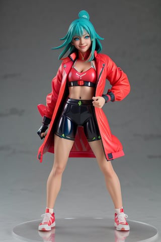 (best quality:1.15), (masterpiece:1.15), (detailed:1.15), ((Full Body photo)), A pop up parade figure, Hasbro, Takara Tomy, and Kotobukiya! by Shunya Yamashita, Seki Yudai, PVC, 3d, 8k, high resolution, Unreal Engine, TSUBAME sculptor, anime figure, full body 1 / 6 nihei tsutomu, ( highly detailed figure ), full body close-up shot, anime figurine, official product photo, glowing blue eyes, perfecteyes , ((a woman wearing a pink clingy outfit and a bright red jacket with green details, knee pads, elbow pads, stylized fighting gloves, red sneakers)), colored, candypunk character design, candypunk, streets of rage character, street fighter, very stylized character design, Ultra sharp resolution, gorgeous, beautiful detailed eyes, expressive eyes, cute, fighter girl, concept art, intricate details, highly detailed, photorealistic, octane render, 8 k, unreal engine. ((glowing eyes)) makeup, (long flowing blue hair), ((full body photo)), fighting pose, smilling, with a cute smile, very expressive, simple white background