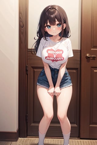 masterpiece, best quality, 1girl, bright face, ぁlarge breasts, thin waist, t-shirt, looking at viewer, full body,Momoka_Fujiwara_Eroge-KK77,shirtlift