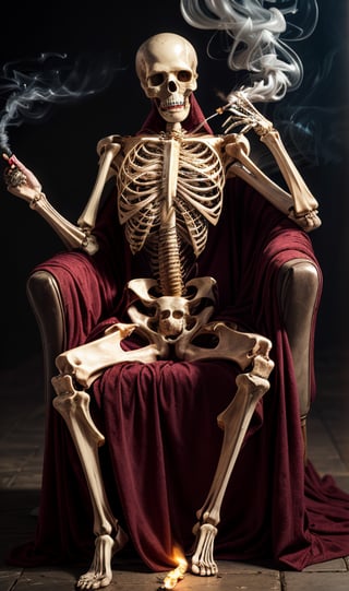 A full size human skeleton holding a ciggarette in hand, (((smoking))), sitting on a devil throne, wide angle view, smoky background (((skeleton))) ((full size)), neon light in background, Male