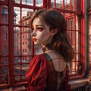 A hyper realistic young Russian girl, detailed eyes, detailed lips, in a red-black dress viewing the outside
world, a dusty lane in front of the centre, through the iron rods of a window, extremely detailed face, ((window)) ((realistic)) (((high resolution))),EpicSky,lofi,xxmix_girl,3d style,HZ Steampunk,lofi style