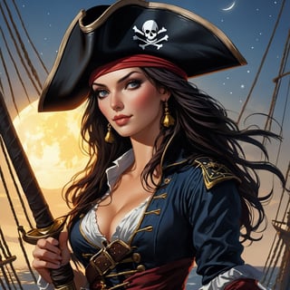 ((Highest picture quality)), (Prioritizing the exceptional image quality and astonishing level of detail), generate an awe-inspiring (photorealistic:1.1) a female pirate, pirate flag, night, moonlight, artwork portrait, adam hughes, erotic,Movie Still,Film Still,4nime style,greg rutkowski