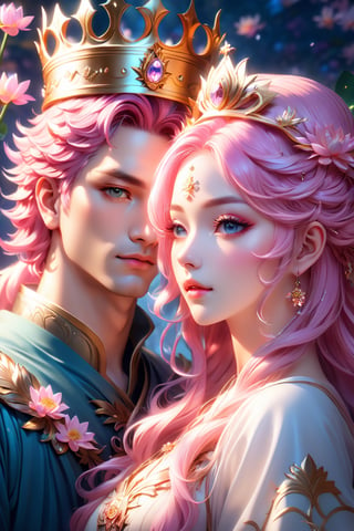 A man with a prince crown on head and a woman with pink hair and a crown on her head, beautiful fantasy art portrait, lotus floral crown girl, beautiful fantasy portrait, by Lü Ji, anime fantasy artwork, beautiful anime portrait, by Ross Tran, korean art nouveau anime, gorgeous digital art, stunning anime face portrait, cgsociety 9, goddess art, very beautiful fantasy art, ((1girl, 1boy)) fairy cgsociety