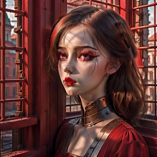 A hyper realistic young Russian girl, detailed eyes, detailed lips, in a red-black dress viewing the outside
world, a dusty lane in front of the centre, through the iron rods of a window, extremely detailed face, ((window)) ((realistic)) (((high resolution))),EpicSky,lofi,xxmix_girl,3d style,HZ Steampunk,lofi style