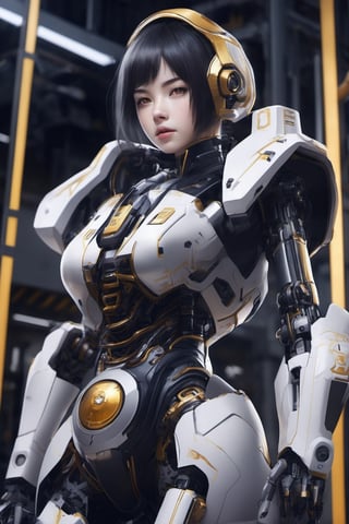 1girl, small height, black hair, short hair, black eyes, machinery, white and gold clothes, halo, skirt, thigh high socks, robotics, perfecteyes, five-fingers, two arms